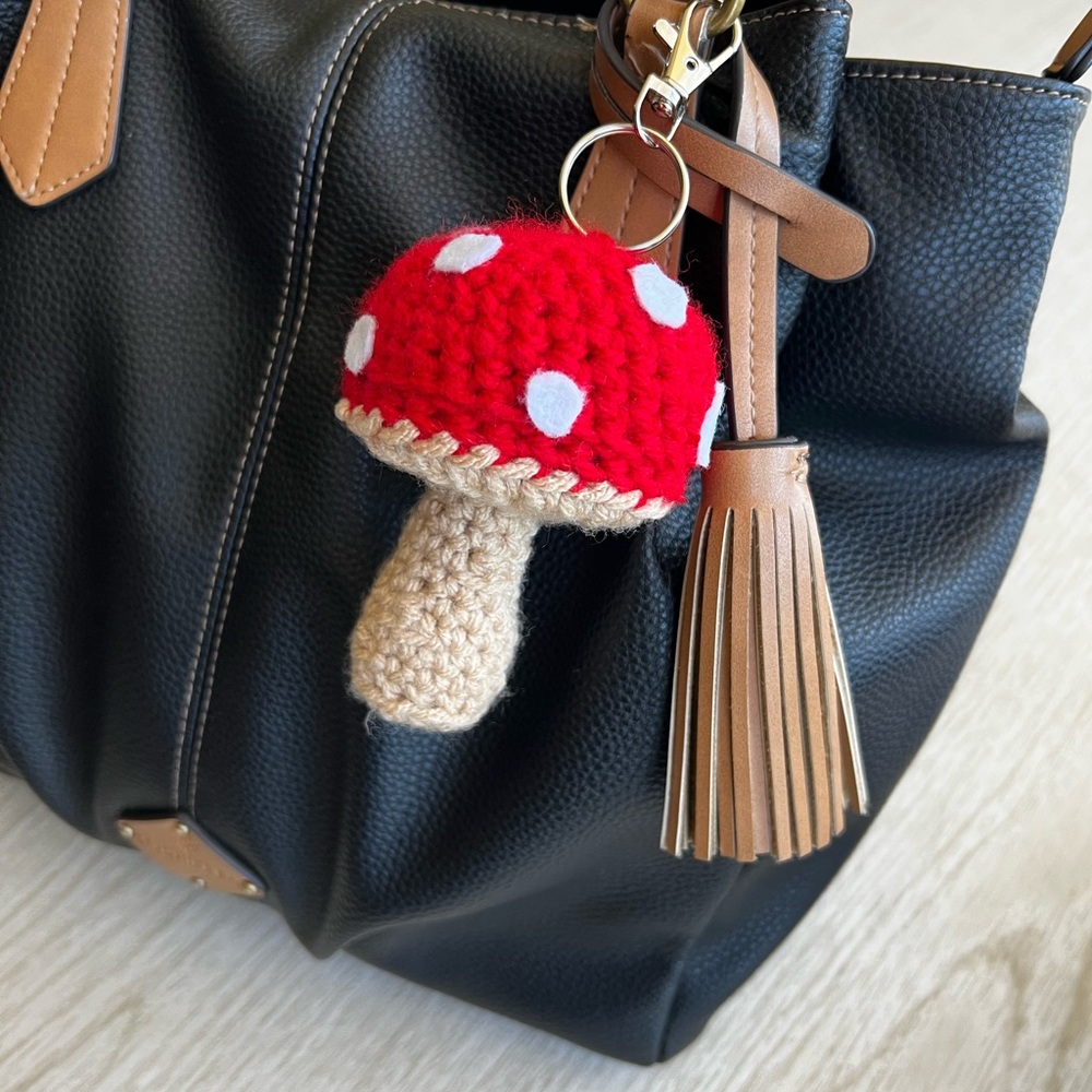 3/$20 Hand Crocheted Whimsical Red Mushroom Bag Charm Keychain! - Picture 1 of 11